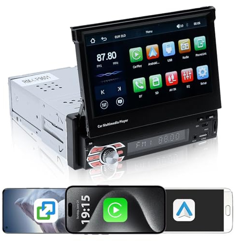 KAOLALI Autoradio 1 Din avec CarPlay et Android Auto, 7 Pouces Tactile Autoradio Ecran Retractable, Auto Radio Carplay Voiture Soutien BT Mirror Link FM AUX/TF/USB