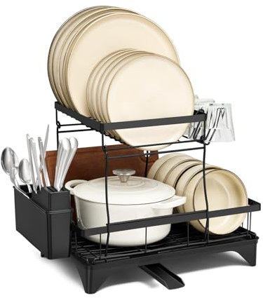 Onader 2 Tier Dish Drainer Rack, Rustproof Dish Drying Rack for Kitchen Counter, Large Capacity Draining Board Rack with Swivel Spout & Drip Tray & Utensil Holder, Space-Saving, Black