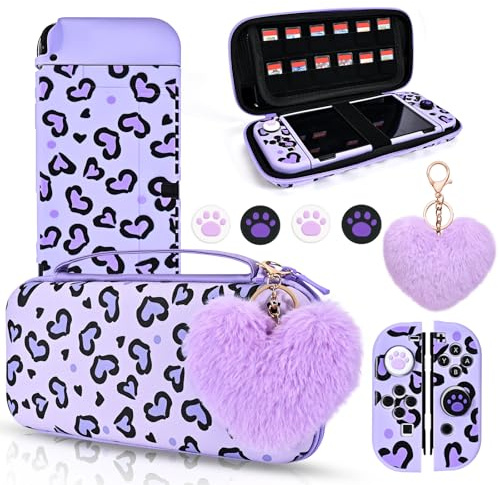 DLseego Étui de Transport pour Switch OLED, Housse de Transport et Coque Souple pour Switch OLED, avec 4 Capuchon Joystick Switch,1 Breloque en Peluche en Forme de Coeur, Violet NS OLED