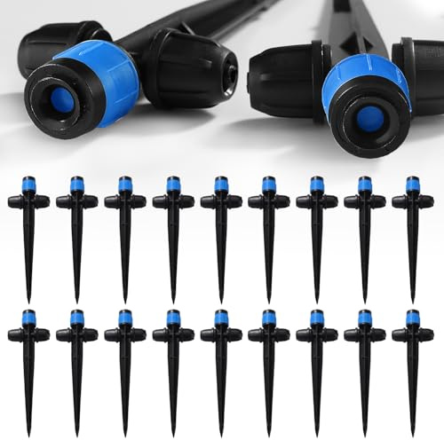 VooGenzek 18 Piezas Ajustables de 360 Grados en Estaca Rociador, Goteros de Flujo con Tuerca para Tubos de 1/4 Pulgadas, Emisores de Riego por Goteo, para Sistema de Riego, Azul