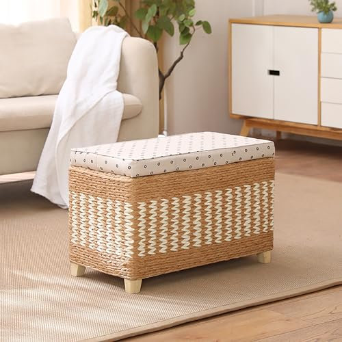 Rattan-Schuhbank mit verstecktem Stauraum und gepolstertem Sitzende der Bettbank für Schlafzimmer, Eingangsbereich, Wohnzimmer, natürliche Massivholzbeine, Gelb, 80 x 30 x 40 cm