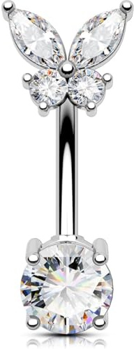 OUFER 14G Butterfly Belly Button Bar Stainless Steel 316L Belly Ring Clear CZ Navel Ring Hoop Body Piercing Jewellery for Women 10 mm