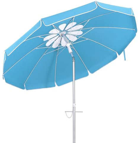HYTROVE 6.5ft Sombrilla Playa Antiviento con 10 Ventanas Azul Lago Estructura Refuerzo UV50 Mástil Inclinable Aluminio Incluye Funda Impermeable con Bolsa Transporte