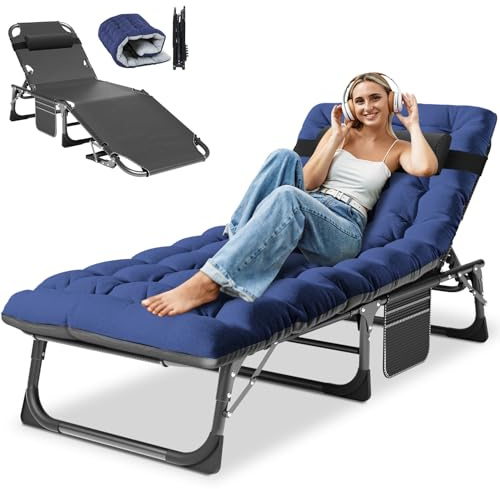 Obqer Klappbare Sonnenliegen, 200 kg Kapazität, Campingbett mit Kissen | mit Seitentaschen, verstellbare Rückenlehne, einfach zu montieren, Campingbetten für Erwachsene, Gästebett für Garten, Pool