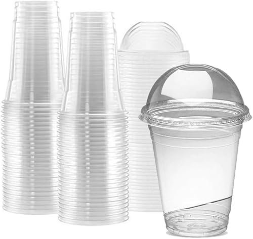 Strong Smoothie Cups with Dome Lids - 50 Pack 8oz (236ml) Milkshake Disposable Plastic Cups for Iced Tea, Coffee, Cold Drinks - Reusable Clear
