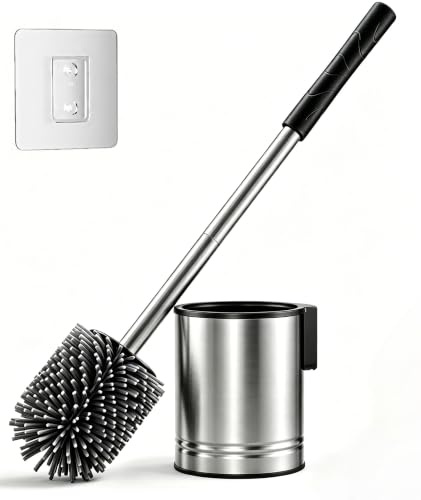 HAMITOR Klobürste Silikon Edelstahl - Toilettenbürste Silber Wandmontage | Wc Bürste mit Spritzschutz, Halter Ohne Bohren mit Schnell Trocknendem, Modern Badmöbel Essentials Set-1 Pack