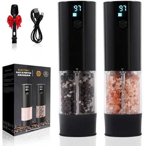 Fresh World Juego de 2 molinillos eléctricos de sal y pimienta recargables con luz LED, grosor ajustable, gran capacidad, molinillo automático de sal y pimienta para cocina, restaurante, exterior