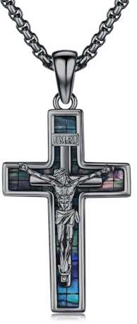 OHAYOO Kreuz Kette für Herren - 925 Silber Kruzifix Kreuzanhänger mit Abalone/Türkis/Malachit/Lapislazuli & Edelstahlkette - Christliche Silber Kette für Männer