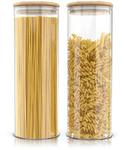 Arendo - Vorratsgläser mit Deckel - 2er Set - Behälter aus Glas – hitzebeständig – Vorratsdosen mit Bambusdeckel - luftdicht - für Spaghetti Müsli Zucker Mehl Kaffee Reis
