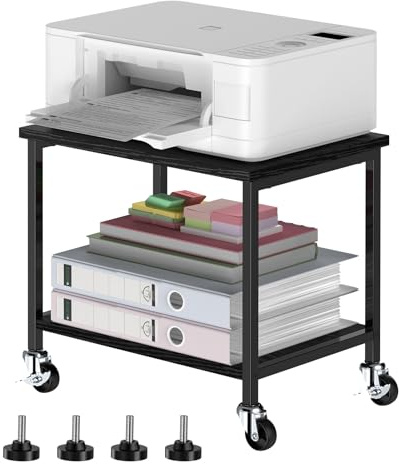 Nandae 2-Ebene Druckertisch mit Rollen, 30x42x37cm Druckerständer aus Holz & Metall, Rollen Servierwagen mit 4 Rädern, Mobiler Schreibtisch Aufbewahrungsregal für Büro, Wohnzimmer