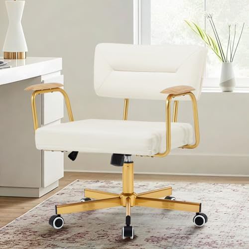 Ckaff Bürostuhl Schreibtischstuhl mit Breitem Sitzkissen, Höhenverstellbar Drehstuhl aus PU，Polsterstuhl Computerstuhl mit Rollen für Homeoffice Arbeitszimmer Schlafzimmer, bis 120kg belastbar, Weiß