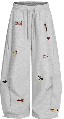 Aelfric Eden Embroidery Puppy Baggy Barrel Sweatpants Casual Y2K Elastic Drawstring Unisex Wide Leg Pants Lantern Trouser Grey XS