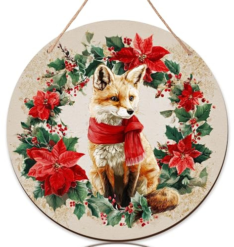 Set di 3 cartelli di benvenuto con volpe per porta d'ingresso, stella di Natale e agrifoglio, in legno rosso, per esterni, portico e portico