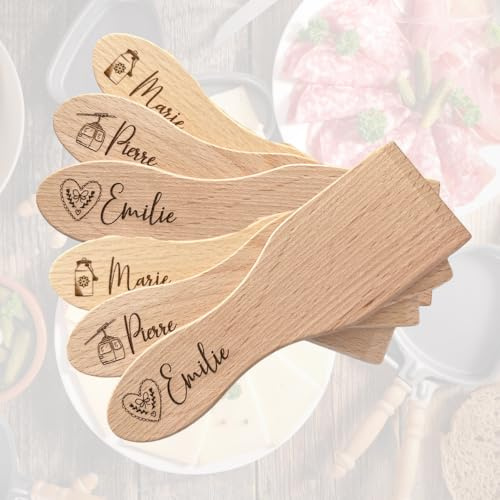 Spatule à Raclette Personnalisée Prénom Bois Français | Lot de 6 Spatules, Bois du Jura Verni Alimentaire, Prénom et Motif Gravés, Cadeau Raclette, Fabriqué en France