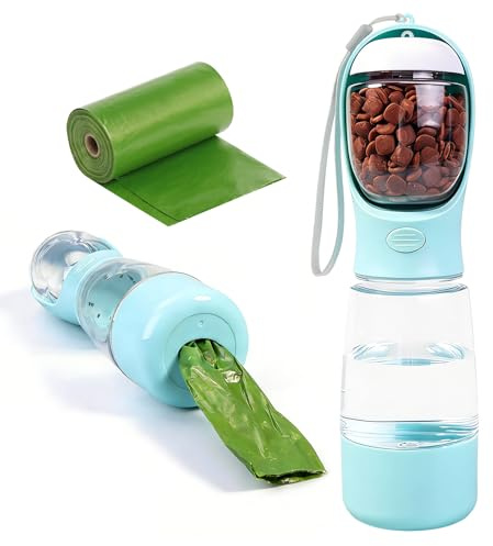 YINKIGI Portable Dog Water Bottle for Walking, 4-in-1 Pet Water Bottle Blue | Dog Travel Water Bottle with Food Container, Built-in Bowl and Waste Bag Storage, 400 ml & 150 g Capacity, Leakproof Design