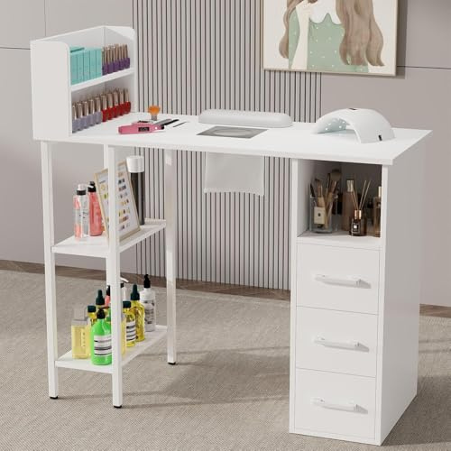 Annzoe Nail Desk for Nail Tech – Manicure Table with Electric Dust Collector, 3 Drawers, 2-Tier Cabinets & 3-Tier Shelves, White Nail Station for Salon or Home Use