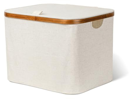 Bigso Aufbewahrungsbox mit Deckel aus Bambus & Stoff, faltbar, große Storage Box mit Griffen, stabiler Rahmen, vielseitige Ordnungsbox für Regal, Kleiderschrank & Haushalt