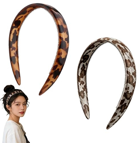 Hezhou 2 Pcs Schildpatt Zahnkamm Haarband Leopard Plastik Haarband | Kunststoff-Stirnbänder Breiter Haarreif Breites Leopardenmuster Acetat Haarreif Leopardenmuster Stirnbänder Frauen Mädchen