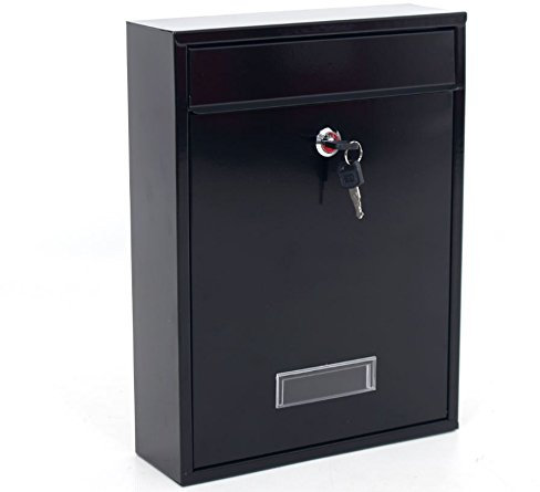 Black Wall Mounted Post Box - Lockable Outside Mail Box with Letter Collection Flap - Galvanised Steel with Powder-Coated Finish - Pre-Drilled for Easy Installation, Mounting Accessories Included
