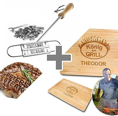 Casa Vivente 2er Set Grillprofi, Grill Brandeisen mit wechselbaren Buchstaben und Schneidebrett mit Gravur, König am Grill, Personalisiert mit Namen, Grillen Geschenk-Idee, Männergeschenke