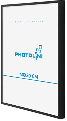 PHOTOLINI Alu-Bilderrahmen 40x50 cm Schwarz schmal, Metall-Rahmen aus Aluminium, bruchsicheres Acrylglas, zum Aufhängen, extra Zubehör, modernes Design für Poster & Fotos
