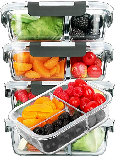 M MCIRCO [5-Pack, 36 oz] Glass Meal Prep Containers 3 Compartment with Lids, Glass Lunch Containers,Food Prep Lunch Box,Bento Box,Microwave, Oven, Freezer, Dishwasher (4.5 Cups)