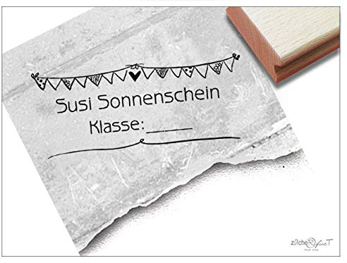 Stempel - Individueller Schulstempel WIMPELKETTE Girlande - Namensstempel personalisiert Name Klasse, Geschenk für Kinder Einschulung - zAcheR-fineT