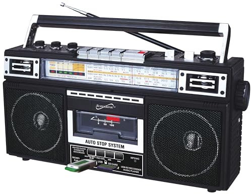 Supersonic SC-3201BT Boombox Radio 4 bandes et lecteur de cassette, haut-parleur Bluetooth, radio AM/FM/SW avec lecture MP3, carte USB et SD, égaliseur 3 bandes et prise casque