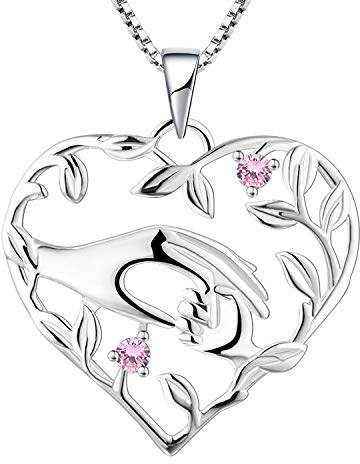 YL Mum Heart Necklace 925 Sterling Silver Mom Hold Child's Hand cut 12 Birthstone Cubic Zirconia Pendant Gifts for Mum Women