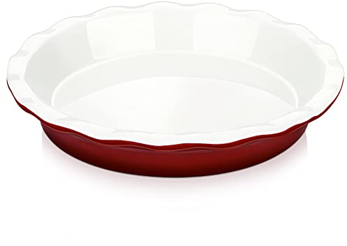 LOVECASA Fuente de Horno Redonda de Cerámica Molde Tarta Pan (28 * 5CM) para Pasteles, Tartas, Cazuelas, Color Rojo