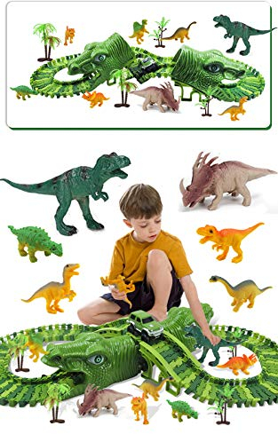 Fiouni - Giocattoli da corsa con dinosauri per ragazzi, 153 pezzi flessibili per trenino con auto da corsa militare/8 dinosauri giocattolo, perfetto come regalo di compleanno per bambini 3 4 5 6 anni