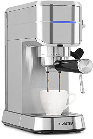 KLARSTEIN Futura Coffee Maker - Portafilter Coffee Machine, 1450 Watts, 20 Bar, Barista Quality Espresso Machine, Thermo Block Heating System, Double Spout, Flow Stop, Milk Frothing Function, Silver