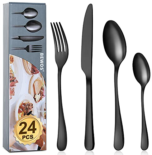 BEWOS 24 Stück Besteck Set, Schwarz Mattiert Essbesteck Set für 6 Personen, Besteck Edelstahl Spiegelpoliert, Messer Gabel Löffel Set, spülmaschinenfest