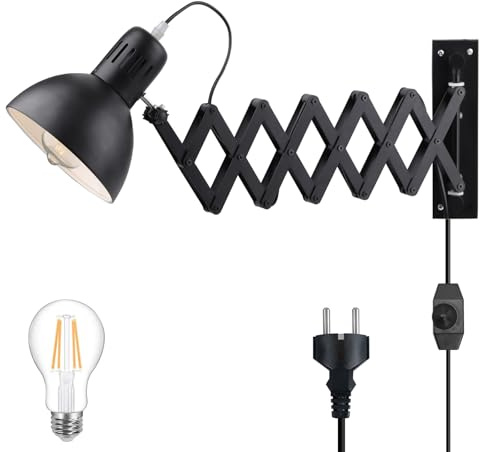 Ausziehbare Scheren-Wandleuchte mit Stecker, E27 Dimmbar, Vintage, Schwarz