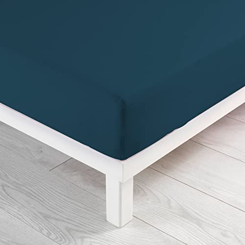 douceur d'intérieur, Drap Housse (140 x 190 cm) Jersy Bleu Nuit, 100% Coton Jersey