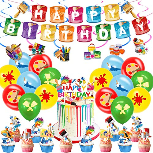 48 Pieces Art Birthday Party Supplies Paint Party Decorations Colorful Latex Balloons Banner Hanging Swirl Cake Cupcake Toppers for Art Painting Themed Birthday Party Baby Shower