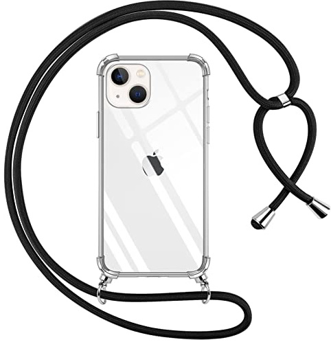 Pnakqil Handykette für iPhone 13/iPhone 14 Hülle mit Band, Transparent Weich Silikon Case mit Kordel Necklace, Durchsichtig Anti-Fall Schutzhülle für iPhone 13 mit Lanyard, Schwarz