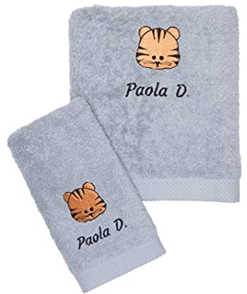 CARREDANA Toallas Bordadas Personalizadas con Animales (Personaliza Nombre,Tipo de Letra, Animal y Color).Toallas para guarderia-Regalo Personalizado (Toalla Gris Plata)