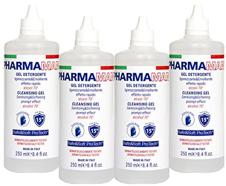 Pharmamani KIT 4 PEZZI GEL IGIENIZZANTE MANI da 250 ml l'uno. 70% Alcool, Effetto Rapido, Non appiccica, si assorbe subito e idrata le mani. Profumo gradevole, Dermatologicamente Testato.