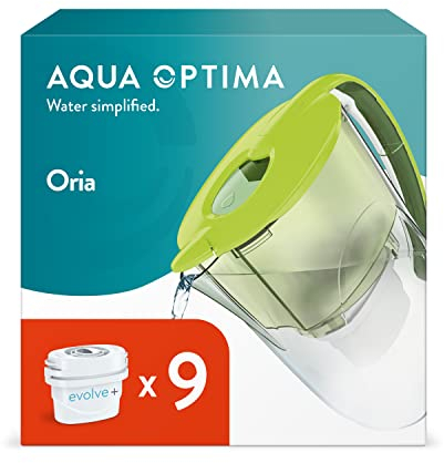 Aqua Optima Oria Jarra de Filtro de Agua y 9 Cartuchos de Filtro de Agua Evolve+ de 30 Días, Capacidad de 2,8 litros, Para la Reducción de Microplásticos, Cloro, Cal e Impurezas, Verde