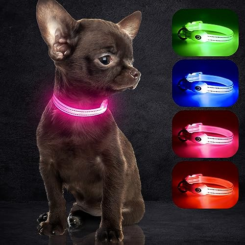 leuchthalsband Hund XS, YFbrite leuchthalsband Katze, Bequem Leuchtende Welpenhalsbänder, Verstellbares Reflektierendes Welpen-Gehlichthalsband für Sicherheit (Rosa, XS)