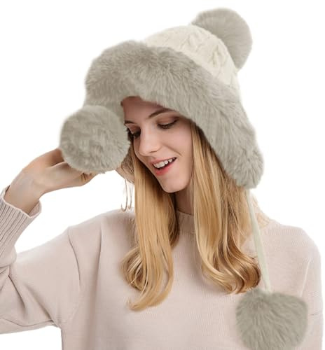 Rayson Damen Mütze Winter Warm Strickmütze mit Pompom Dick Wintermütze mit Gepolstertem Fleece Futter Winddicht Outdoor Ski Fahrrad