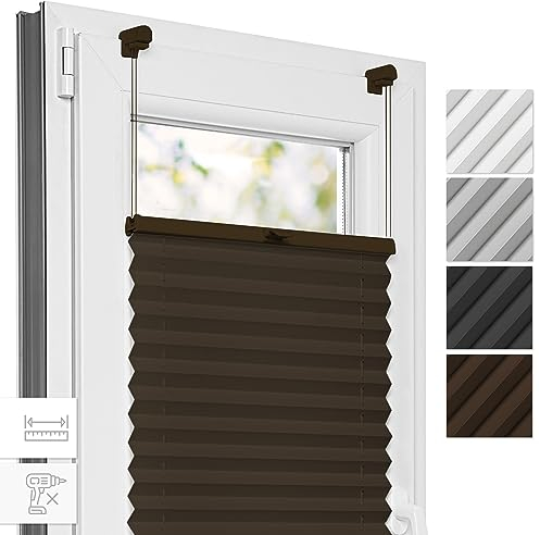 Estika Plissee, Bruchfeste Klemmhalter - Braun - 100 cm x 120 cm - Plissee ohne Bohren, Plissee klemmfix, Rollos für Fenster ohne Bohren, Jalousien Fenster für innen, Raffrollo