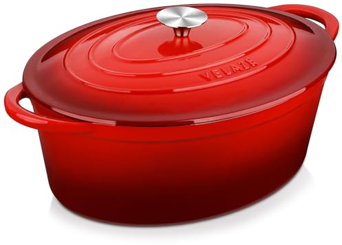 Velaze Casseruola in Ghisa, Pentola a Induzione per Stufati e Brasati, Cocotte Casseruola con Coperchio in Rivestimento Smaltato, Forno Olandese, Rosso, Ovale - 34 cm, 7 L