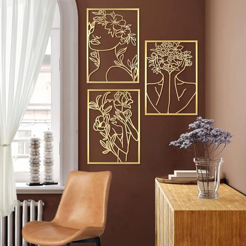 Gold Wanddeko Metall 3 Teiliges Abstrakte Frau Wandkunst Moderne Wanddeko Frau Minimalistische Wanddeko Metall für Zuhause Büro Wohnzimmer Hotel Dekoration (40 * 28CM)