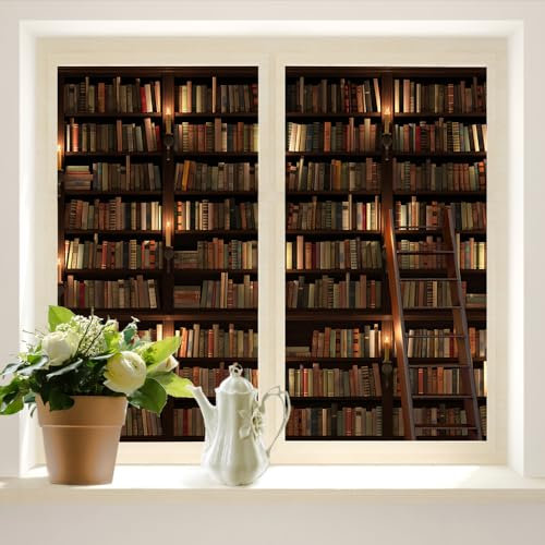 COALHO Vintage Bibliothek Bücherregal Home Fensterfolie Antike Bibliothek Bücher Holz Bücherregal Geeignet für Wohnzimmer, Küche, Badezimmer - 90 B x 200 L cm x 2 Stück
