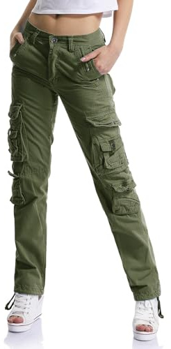 Aeslech Pantalon cargo en coton pour femmes, taille haute, décontracté, pour le travail et les voyages, avec poches multiples, style randonnée Y2K, Vert, 46