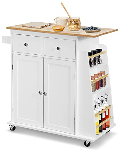 COSTWAY Kitchen Island on Wheels, Mobile Utility Storage Trolley Cart with Rubber Wood Countertop, 2-Door Cabinet, 2 Drawers, Adjustable Shelf, 3 Tier Spice Rack & Lockable Wheels, 88x45x90cm (White)