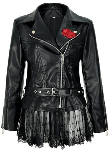 NEKIFUI Women's faux leather lace moto jacket with Peplum rose vintage riding coat(Z3526,3XL)