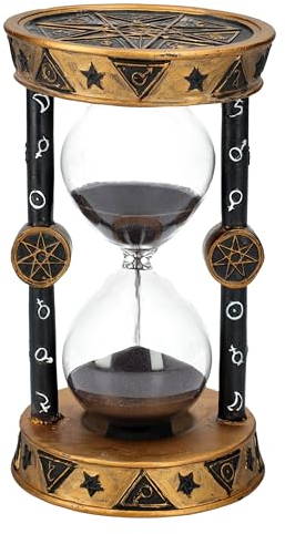 Mystische Sanduhr mit Astrologie-Motiven, 17cm - Kunststein, Schwarz-Goldene Verzierung, 5 Minuten